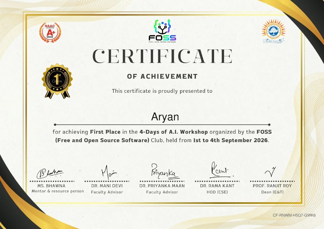 Certificate of Achievement awarded to Aryan for First Place in the FOSS Club 4-Days of A.I. Workshop